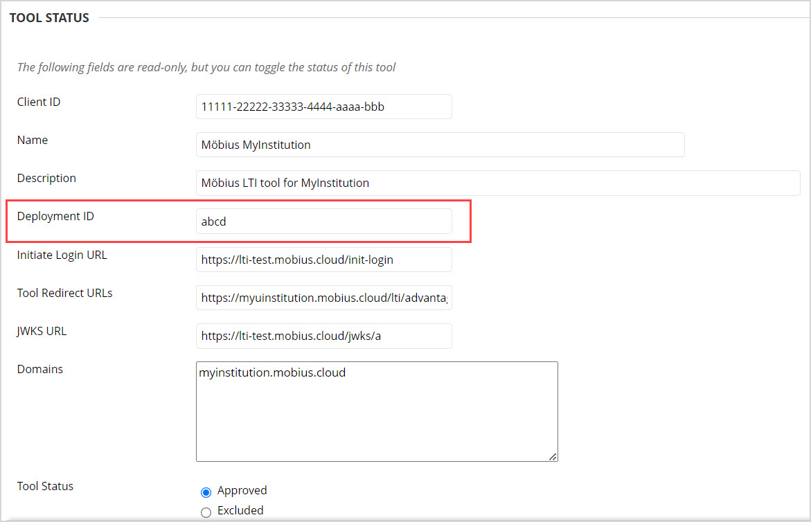 Tool Status Deployment ID On the Accept LTI 1.3 Tool page, under Tool Status, the Deployment ID text field is highlighted.